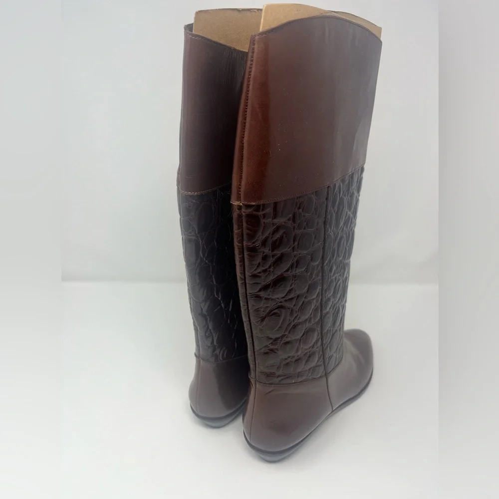 9 West Nine West Margot Dk Cognac Brown Sz 7.5 Leather Riding Boots Textured NEW